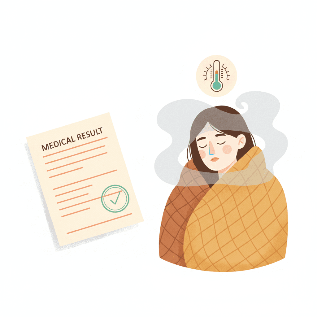 Uma folha de exame carimbada como normal ao lado de uma mulher cansada com frio e névoa na cabeça