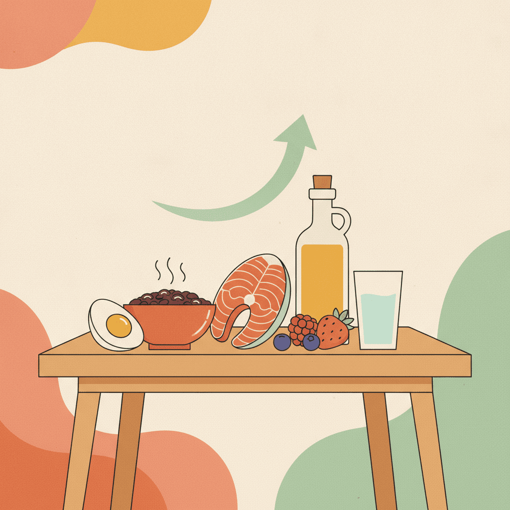 Mesa com ovo, peixe, feijão, azeite e frutas vermelhas em destaque com uma seta apontando para cima