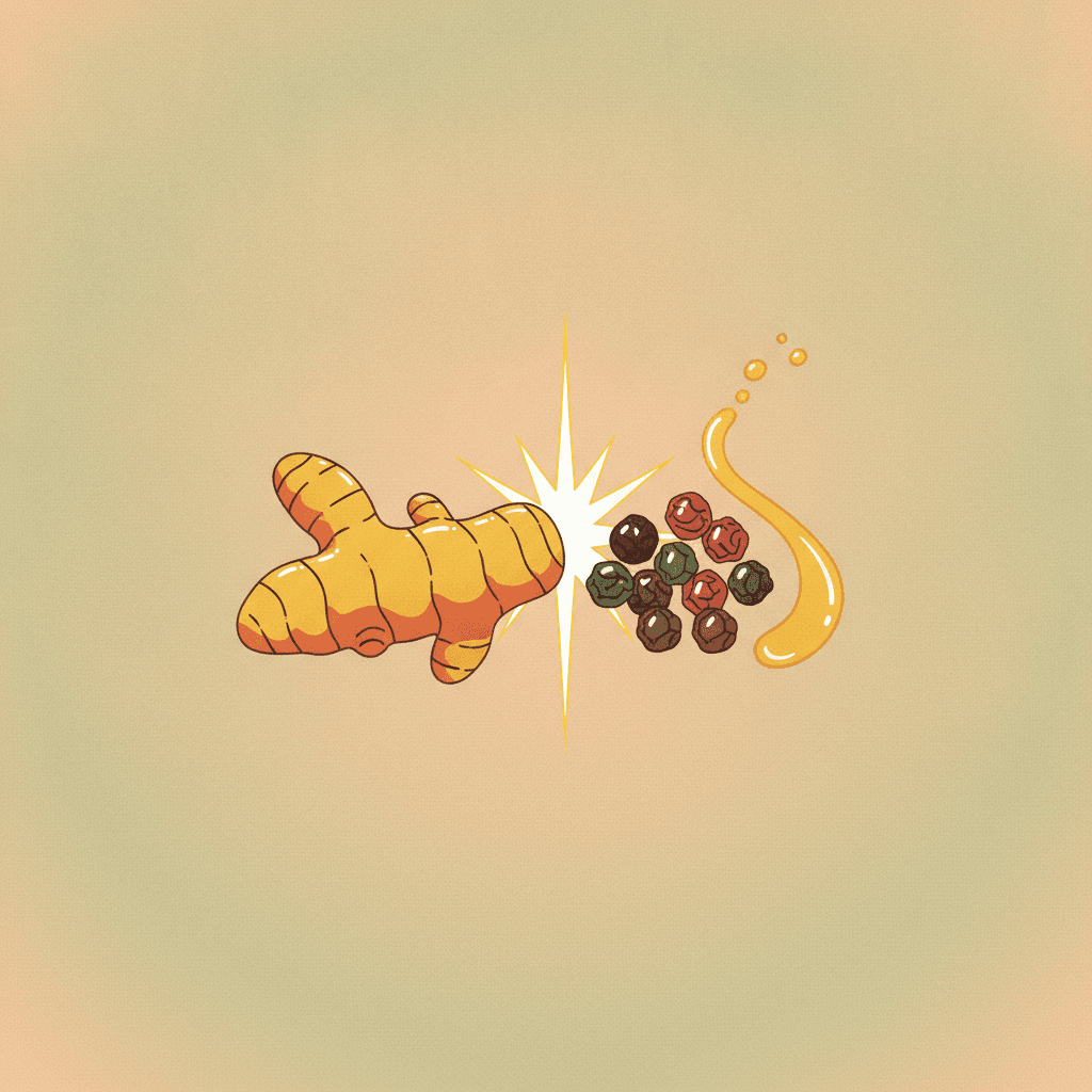 Cúrcuma e grãos de pimenta-do-reino soltando uma faísca luminosa, com um fio de azeite dourado ao lado