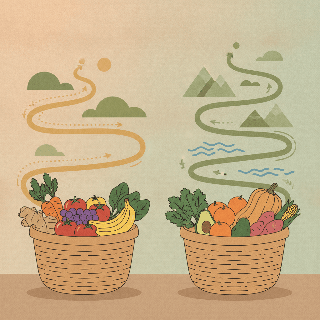 Duas cestas de feira com combinações diferentes de alimentos, cada uma diante de um caminho próprio