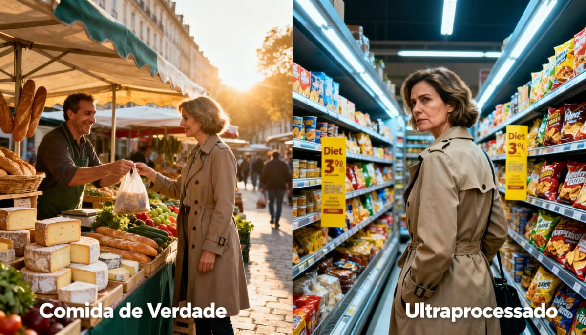 Feira com alimentos frescos de um lado e corredor de ultraprocessados do outro