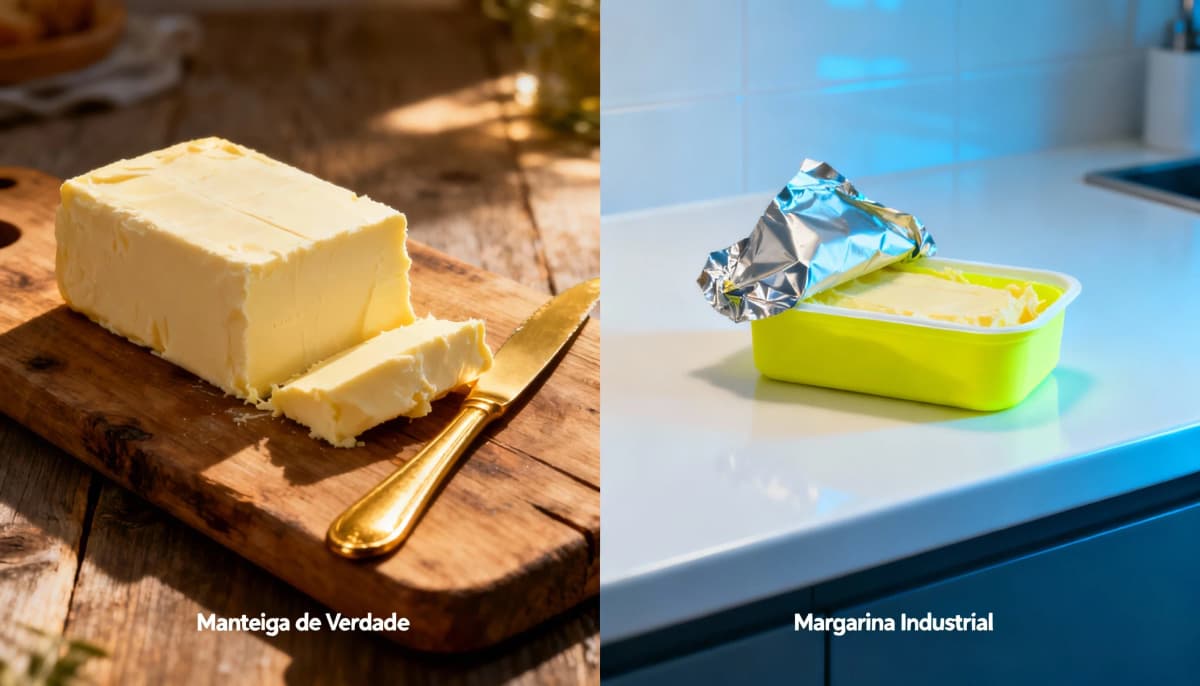 Manteiga de verdade e margarina industrial lado a lado, mostrando a diferença entre um ingrediente e uma lista de aditivos