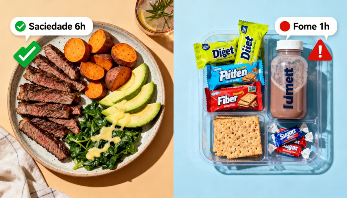 Prato de comida de verdade que sacia por horas ao lado de uma bandeja de snacks light que dão fome cedo
