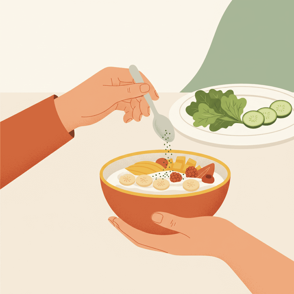 Mãos polvilhando chia sobre iogurte com fruta, com um prato começando pela salada ao fundo, os dois gestos simples do dia.