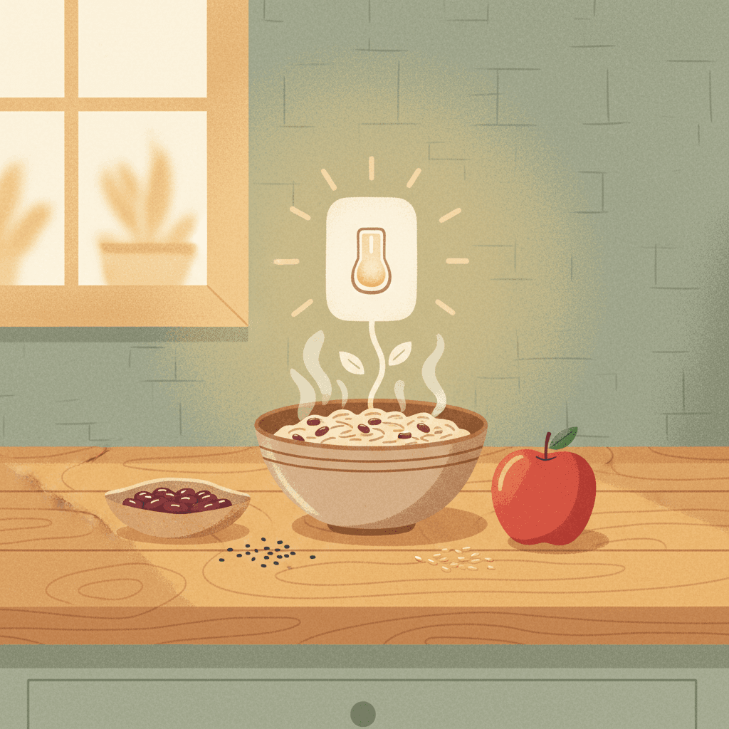 Bancada de cozinha com aveia, feijão, maçã e sementes ao lado de um interruptor de luz aceso, sugerindo a comida ligando um botão natural do corpo.