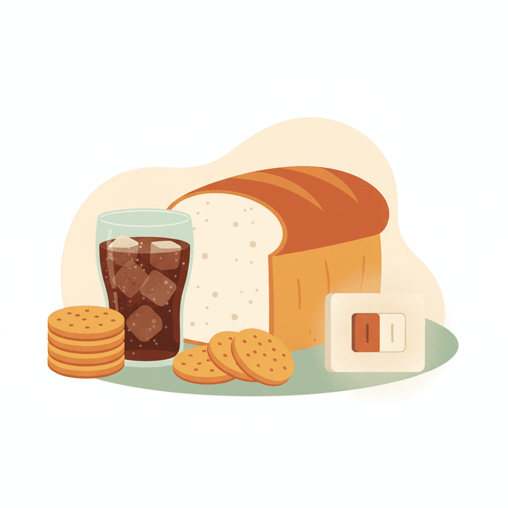 Refrigerante, pão branco e biscoitos ao lado de um interruptor apagado, sugerindo os alimentos que desligam o botão da saciedade.