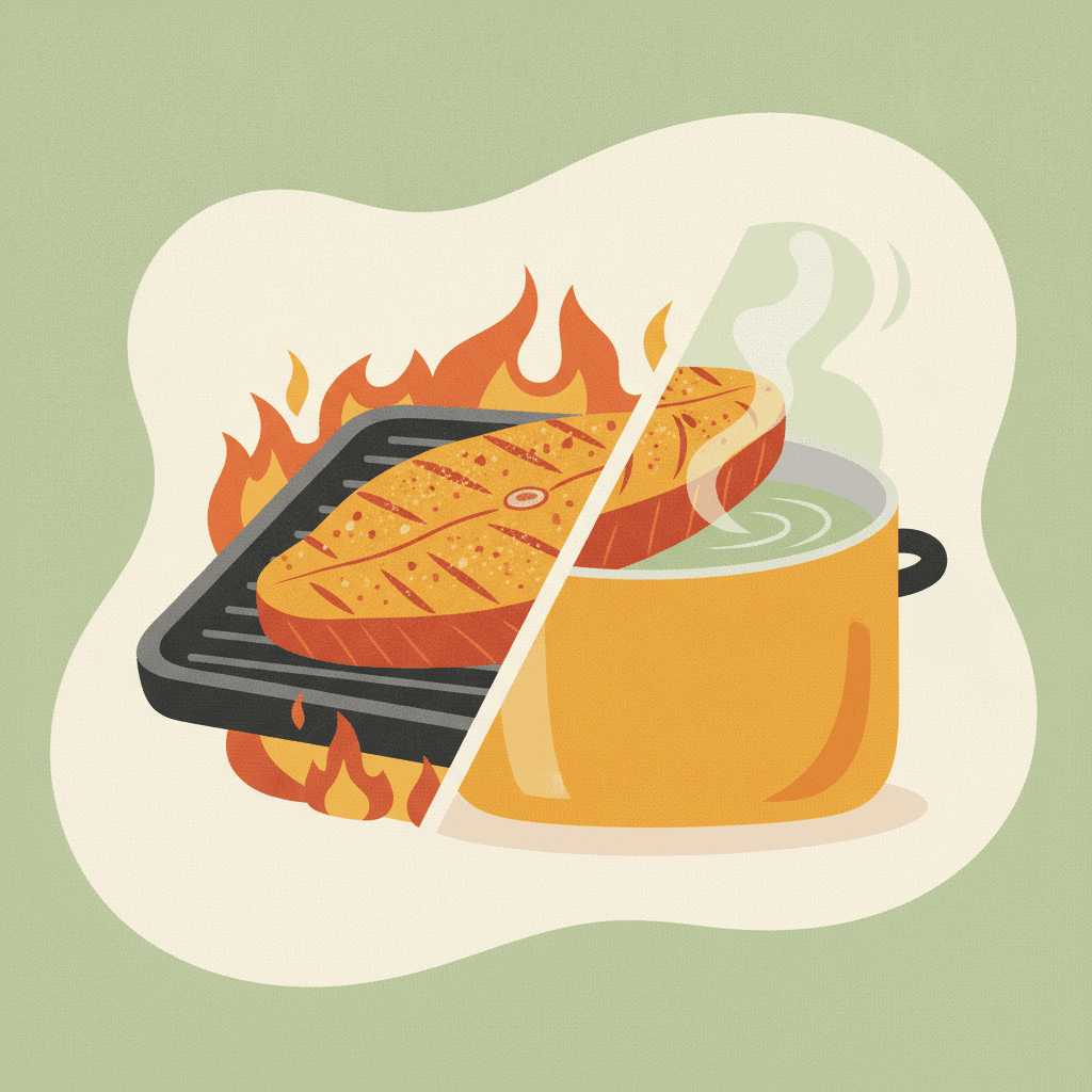 Ilustração de um mesmo alimento dividido entre ser grelhado no fogo e cozido no vapor