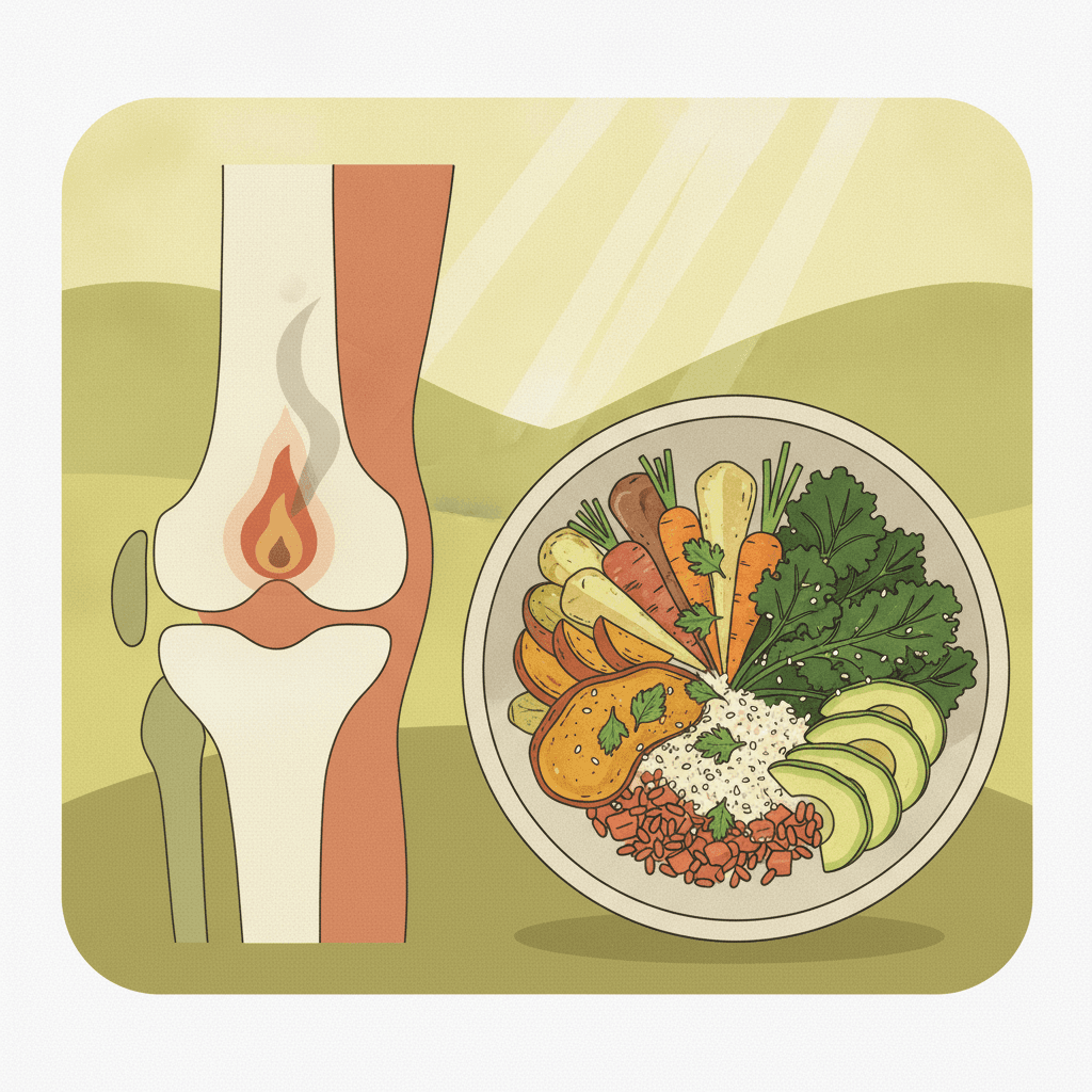 Ilustração de uma articulação com a inflamação suavizada ao lado de um prato de comida saudável
