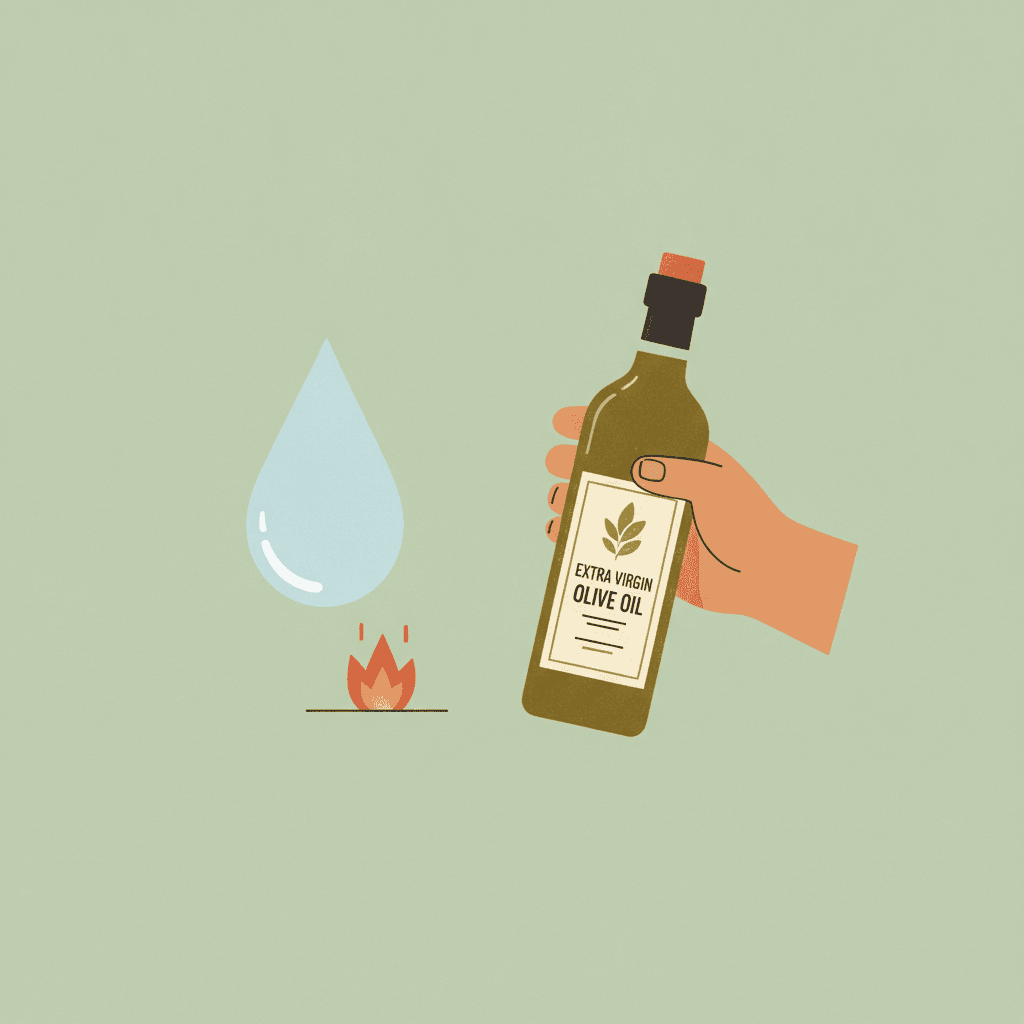 Ilustração de uma mão trocando óleo comum por azeite extravirgem, simbolizando a primeira troca do dia