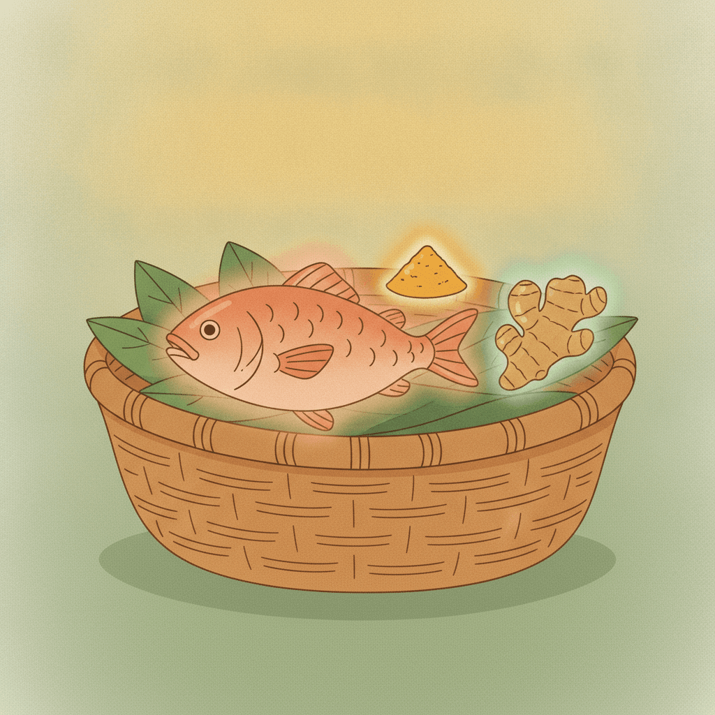 Ilustração de uma cesta de feira com peixe, cúrcuma e gengibre brilhando suavemente