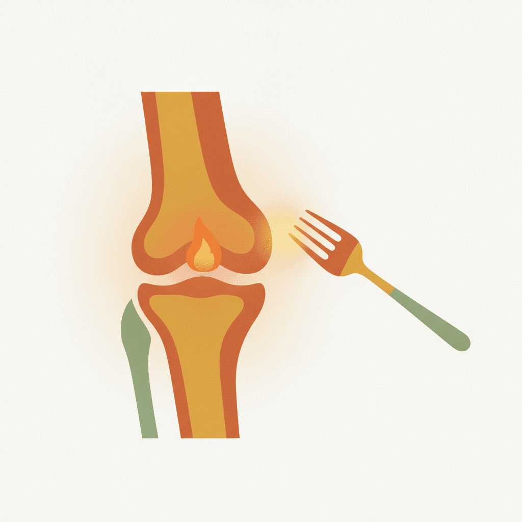 Ilustração de um joelho com uma brasa interna e um garfo ao lado, simbolizando a ligação entre comida e inflamação