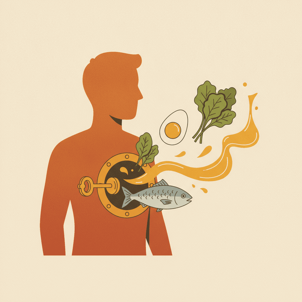 Cofre em formato de corpo se abrindo com uma chave dourada, cercado de alimentos naturais, representando a virada de comer certo.