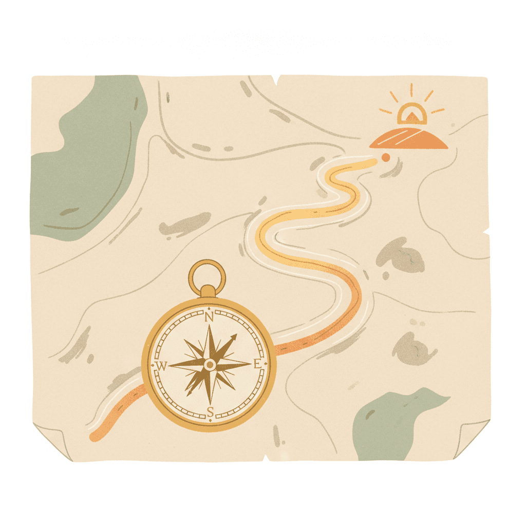 Bússola sobre um mapa desenhado à mão com um caminho claro traçado entre rotas apagadas