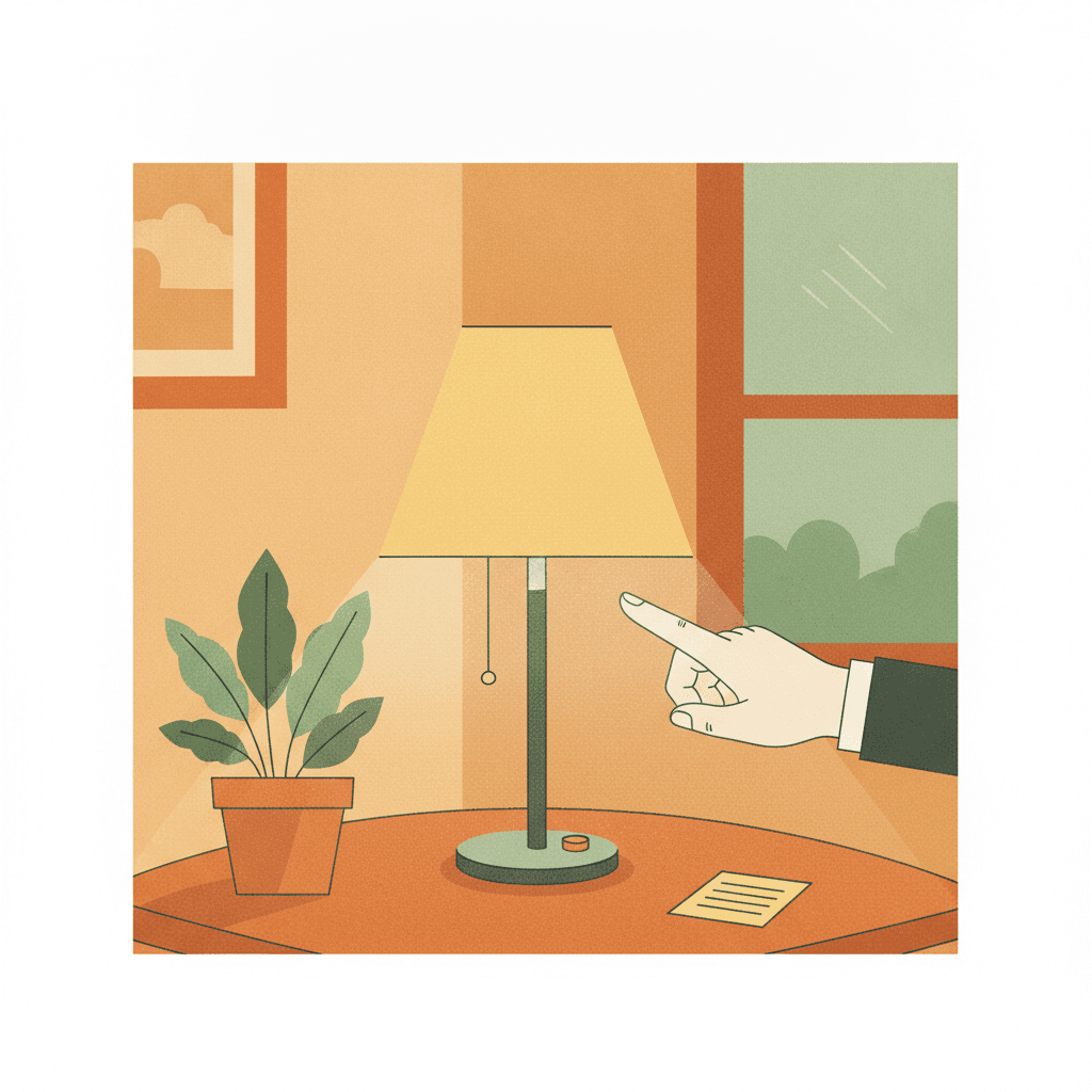 Mão acende um abajur que ilumina com luz quente um canto com um bilhete e uma planta sobre a mesa