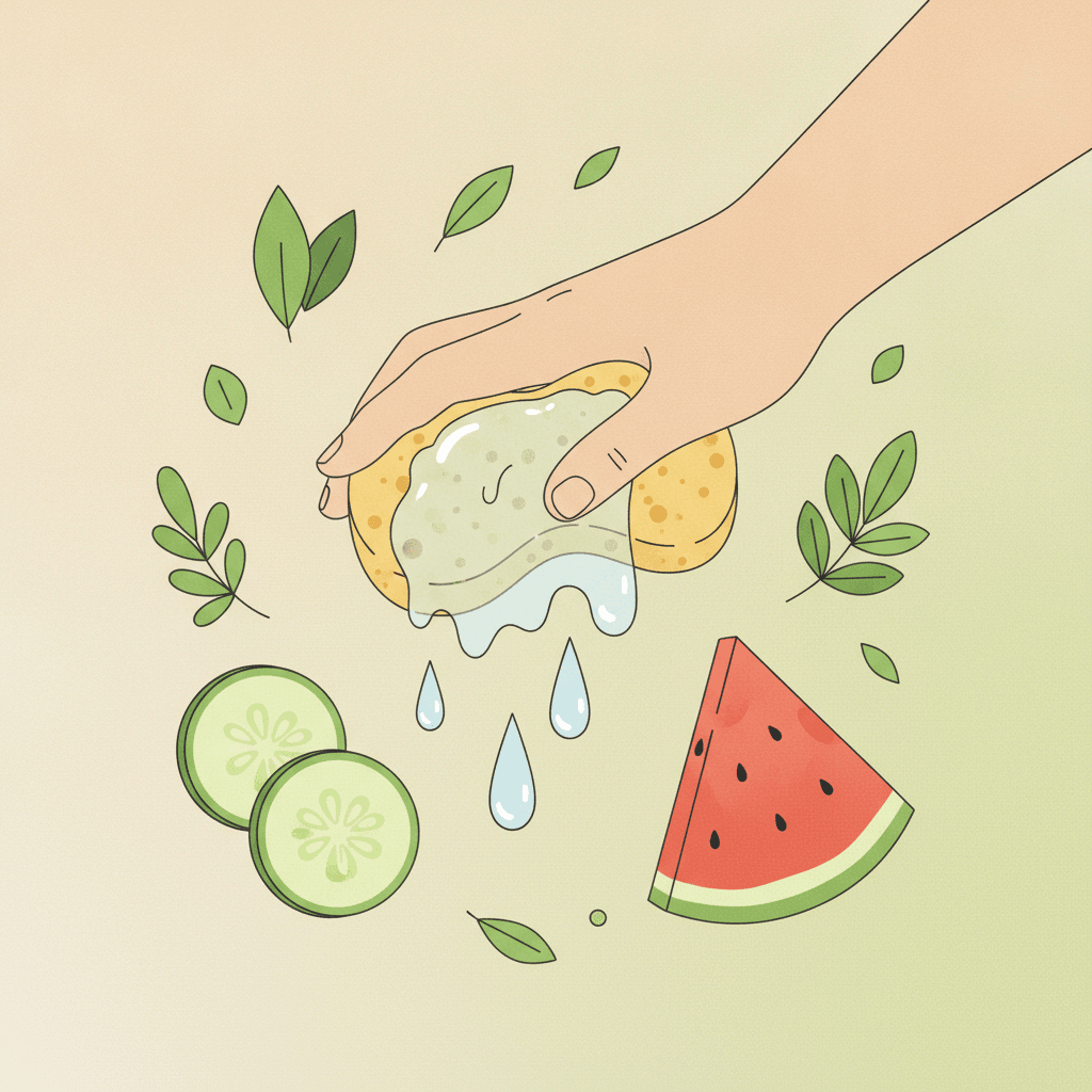 Mão aperta delicadamente uma esponja encharcada que solta gotas de água, cercada por pepino, melancia e folhas verdes