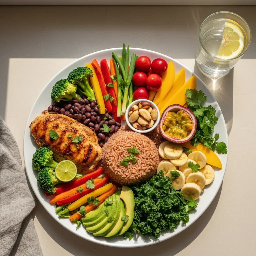 Prato montado com comida de verdade — vegetais, proteína e gorduras boas