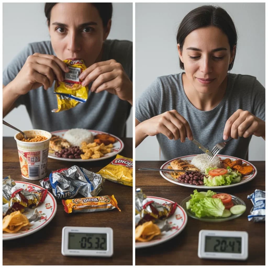 Contraste entre comer ultraprocessado rápido e comer comida de verdade com saciedade real
