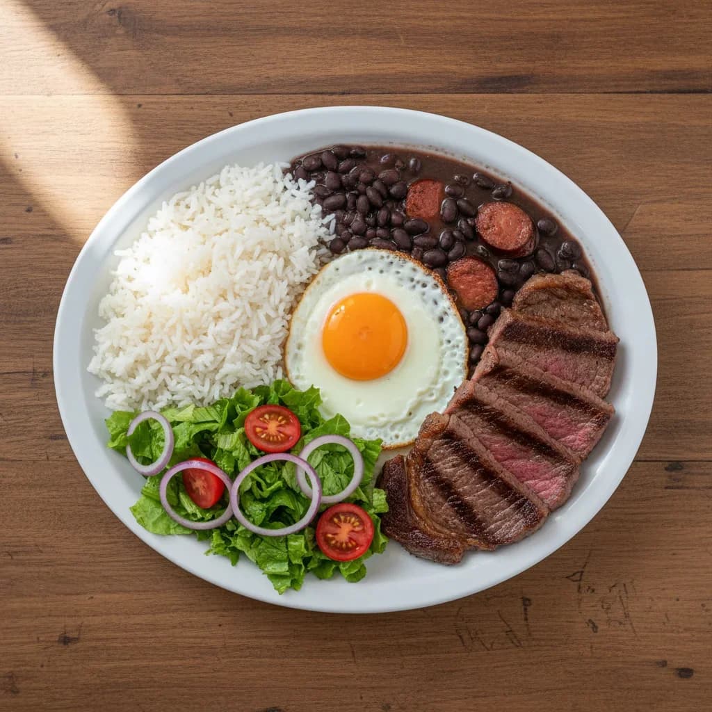 Prato brasileiro completo — arroz, feijão, carne, ovo e salada