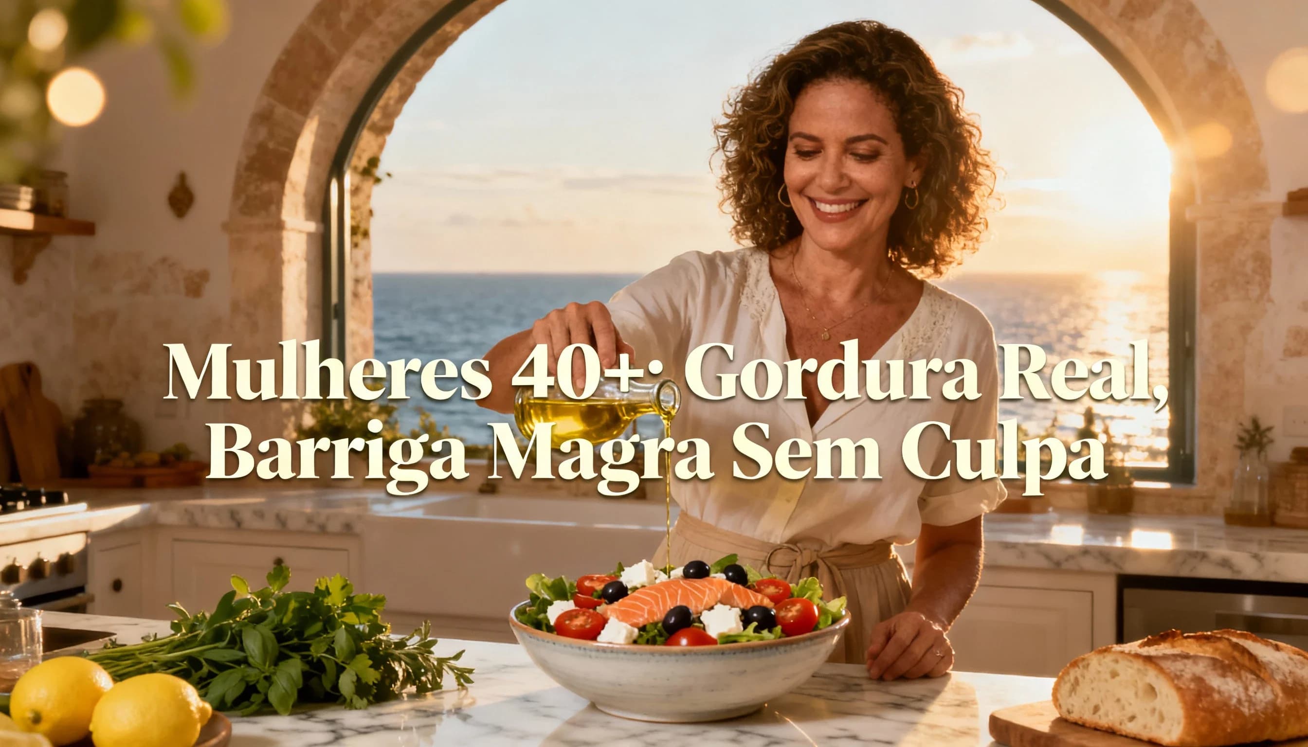 Mulher em cozinha mediterrânea iluminada regando azeite extra virgem sobre uma salada colorida