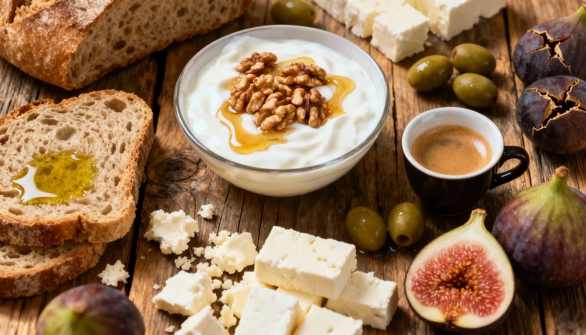 Mesa de café da manhã mediterrâneo com iogurte integral, feta, nozes, pão com azeite, figos e espresso