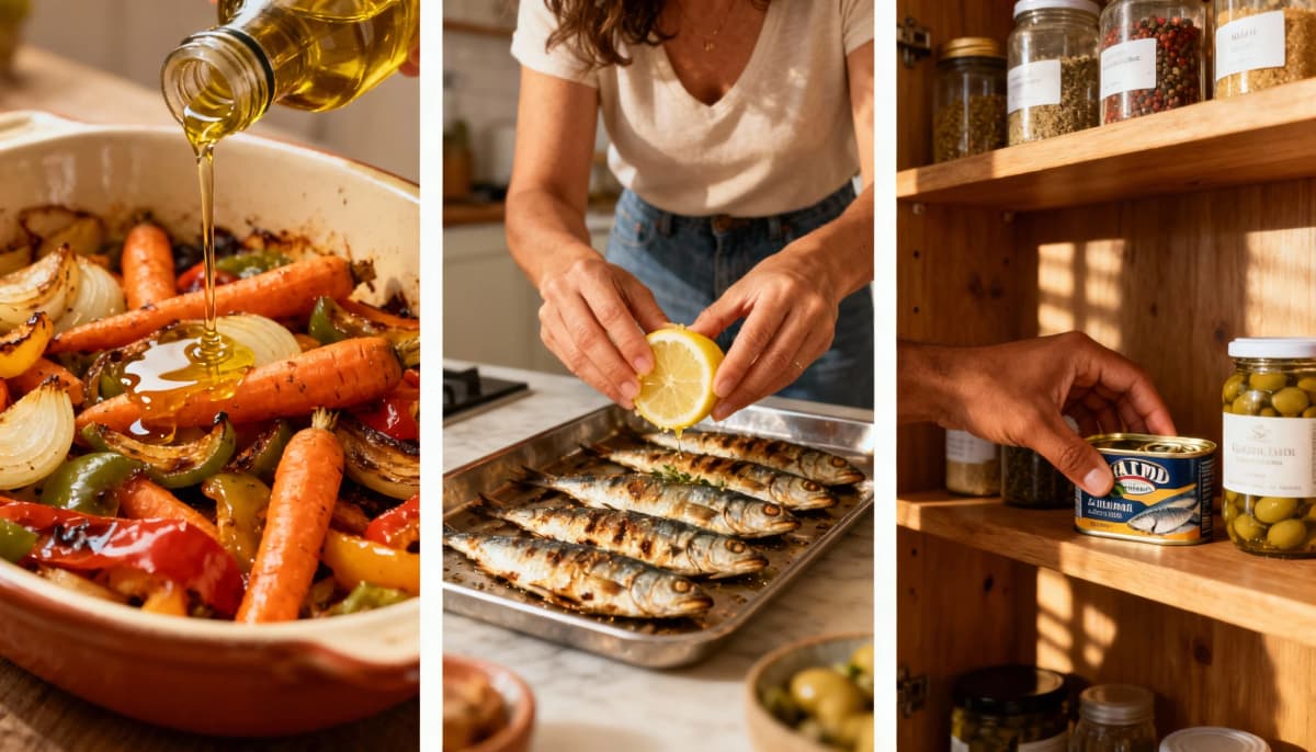 Sequência com azeite em legumes assados, mulher temperando sardinhas grelhadas e mão pegando sardinha em lata com azeitonas
