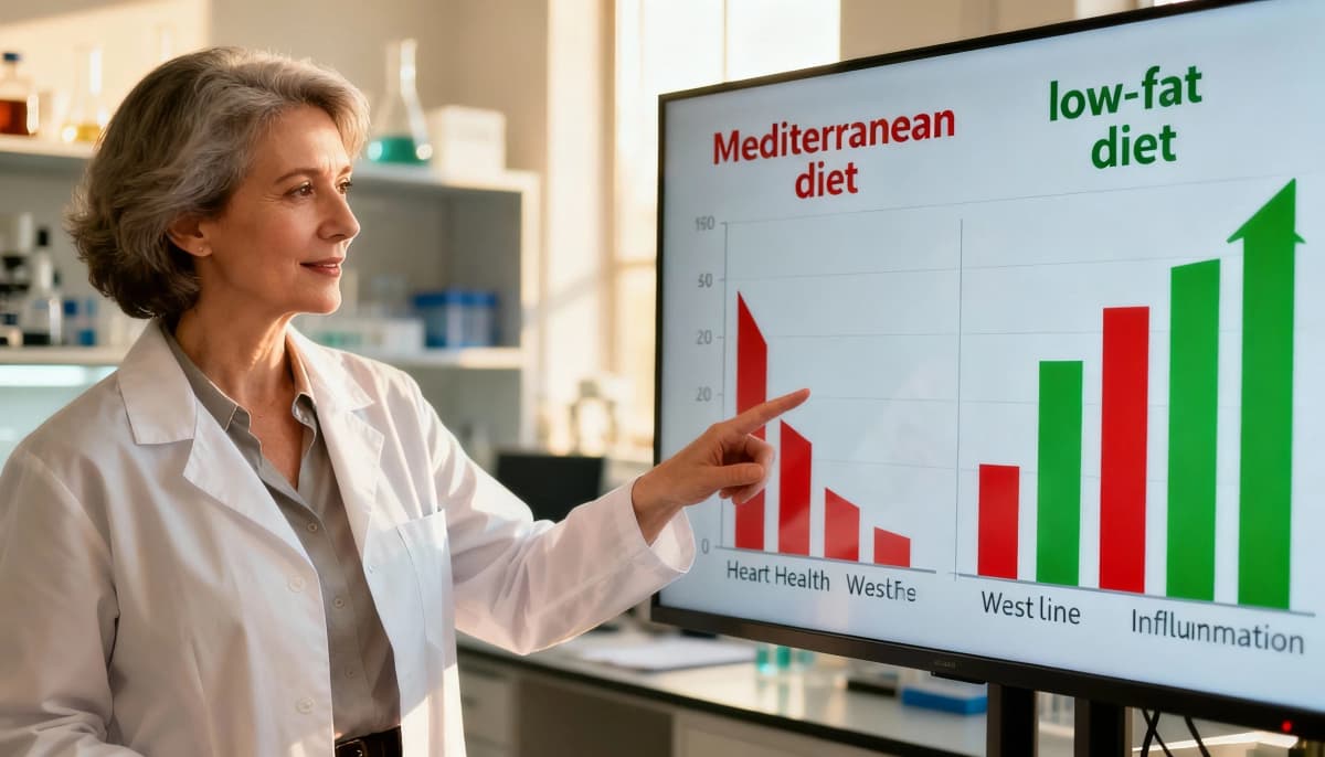 Pesquisadora avaliando gráficos que comparam resultados da dieta mediterrânea com uma dieta low-fat