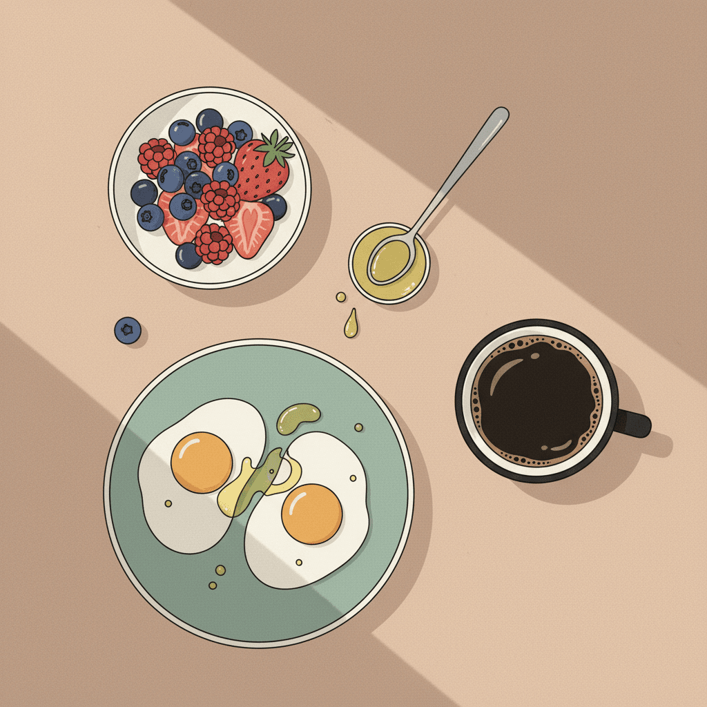 Café da manhã anti-inflamatório com ovos, frutas vermelhas e azeite.
