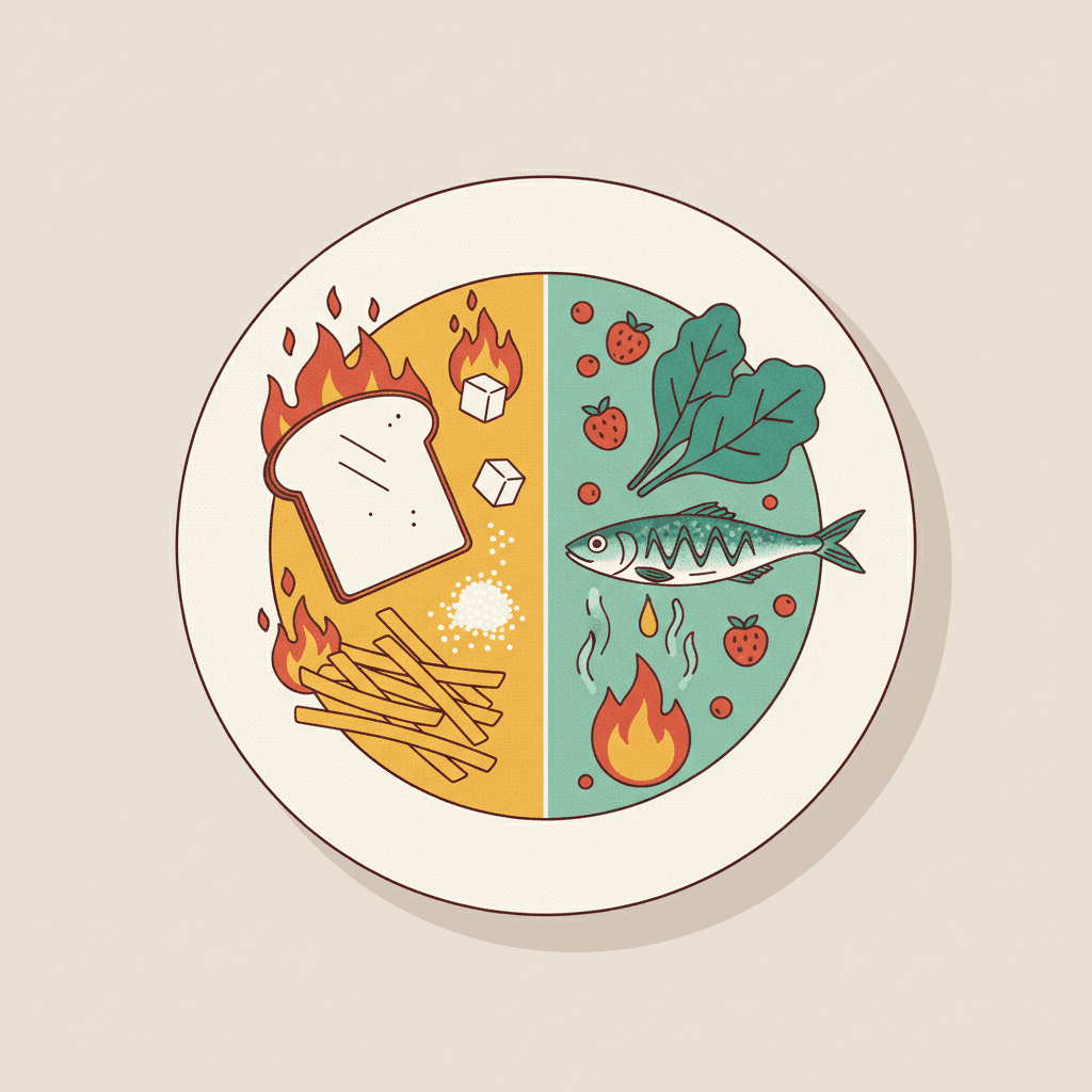 Prato dividido entre alimentos que acendem inflamação e alimentos que a apagam.