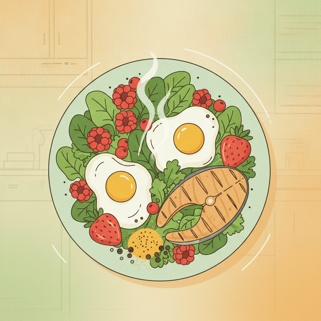 Prato farto com frutas vermelhas, ovos, peixe, folhas verdes e cúrcuma com pimenta