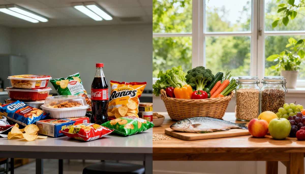 Comparação entre um café da manhã de comida de verdade e um café da manhã ultraprocessado