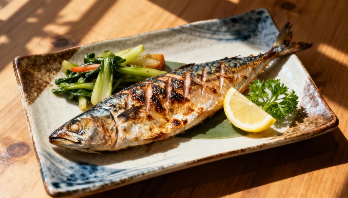 Peixe grelhado rico em ômega-3, acompanhado de legumes e limão