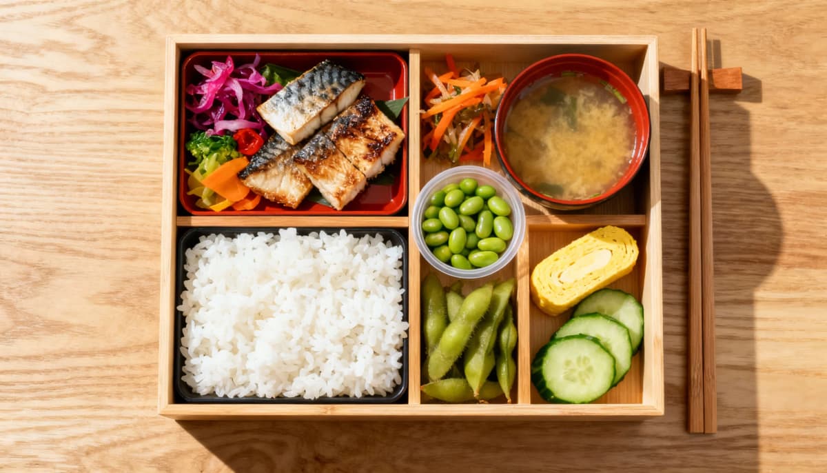 Bento box tradicional japonês com várias preparações em porções pequenas