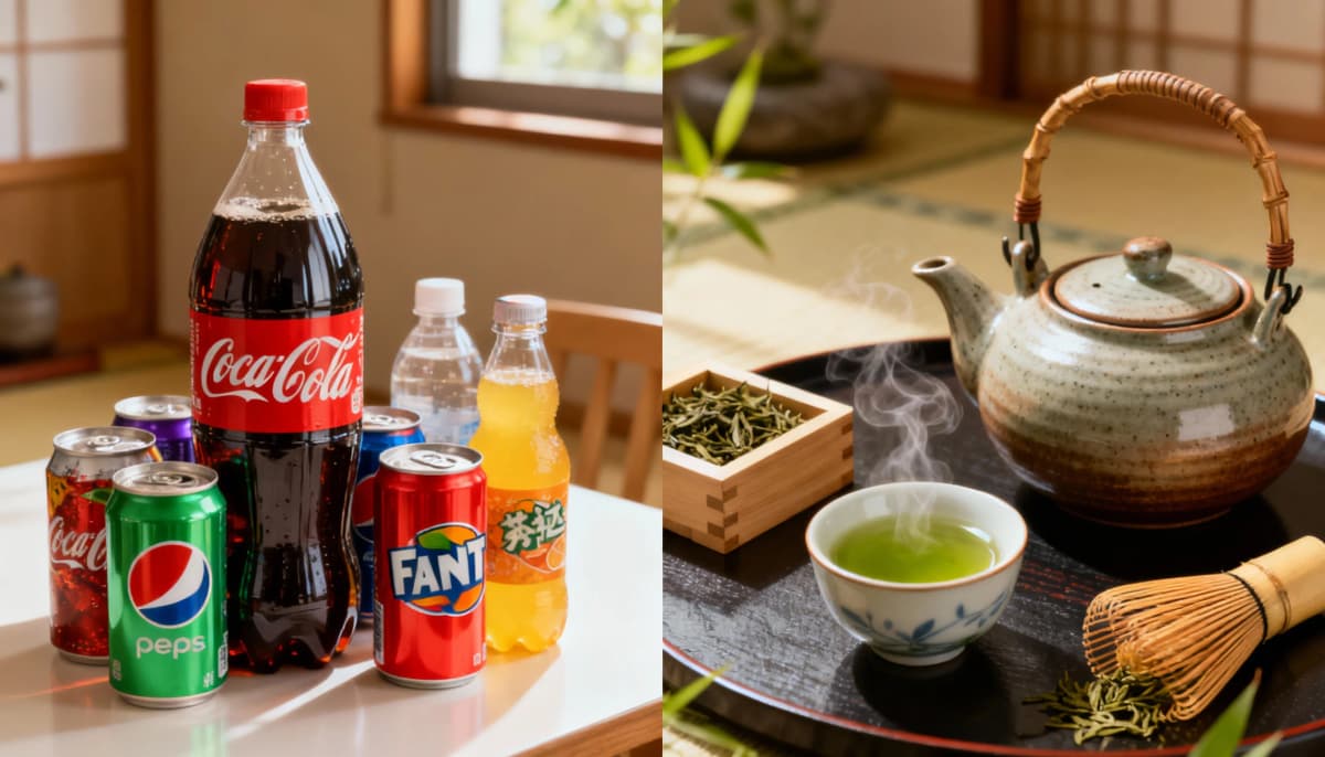 Comparação entre uma lata de refrigerante açucarado e uma xícara de chá verde