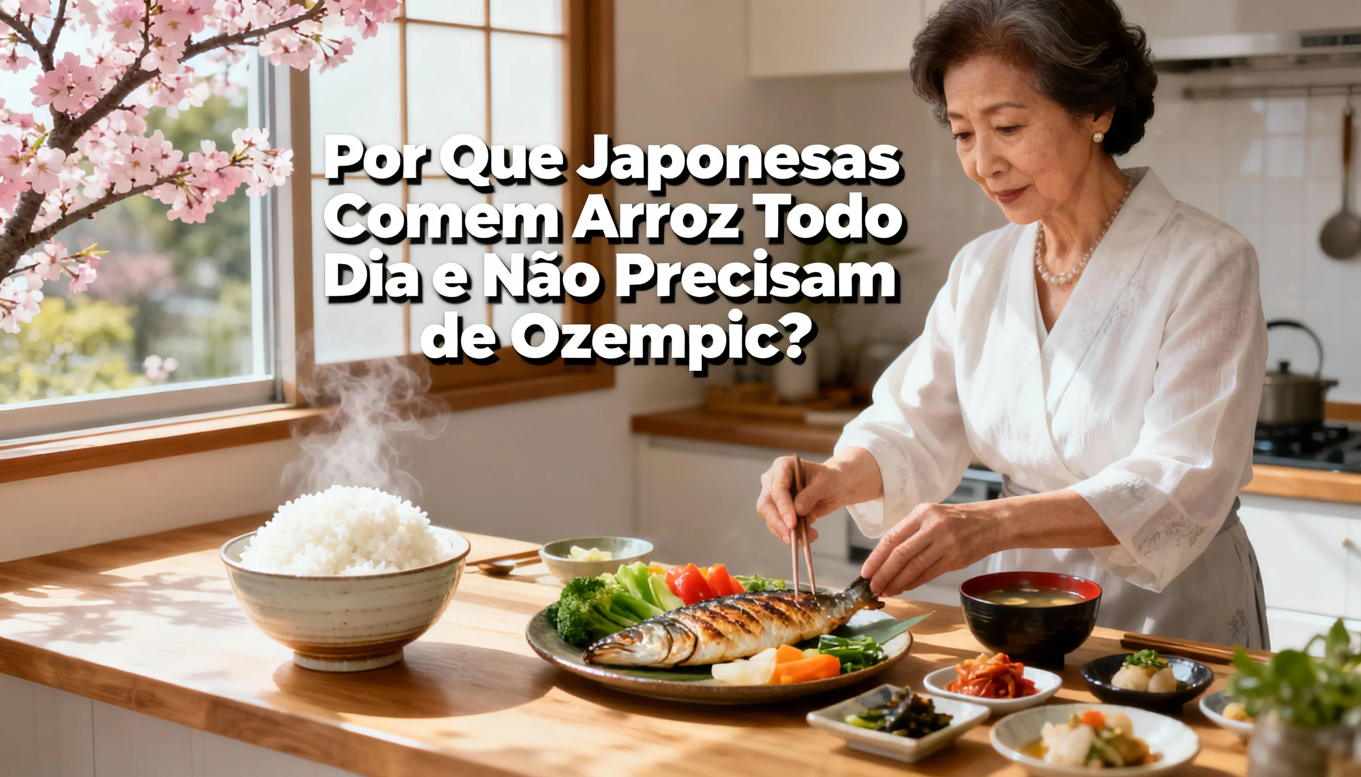 Mulher japonesa preparando uma refeição tradicional com arroz, peixe e legumes