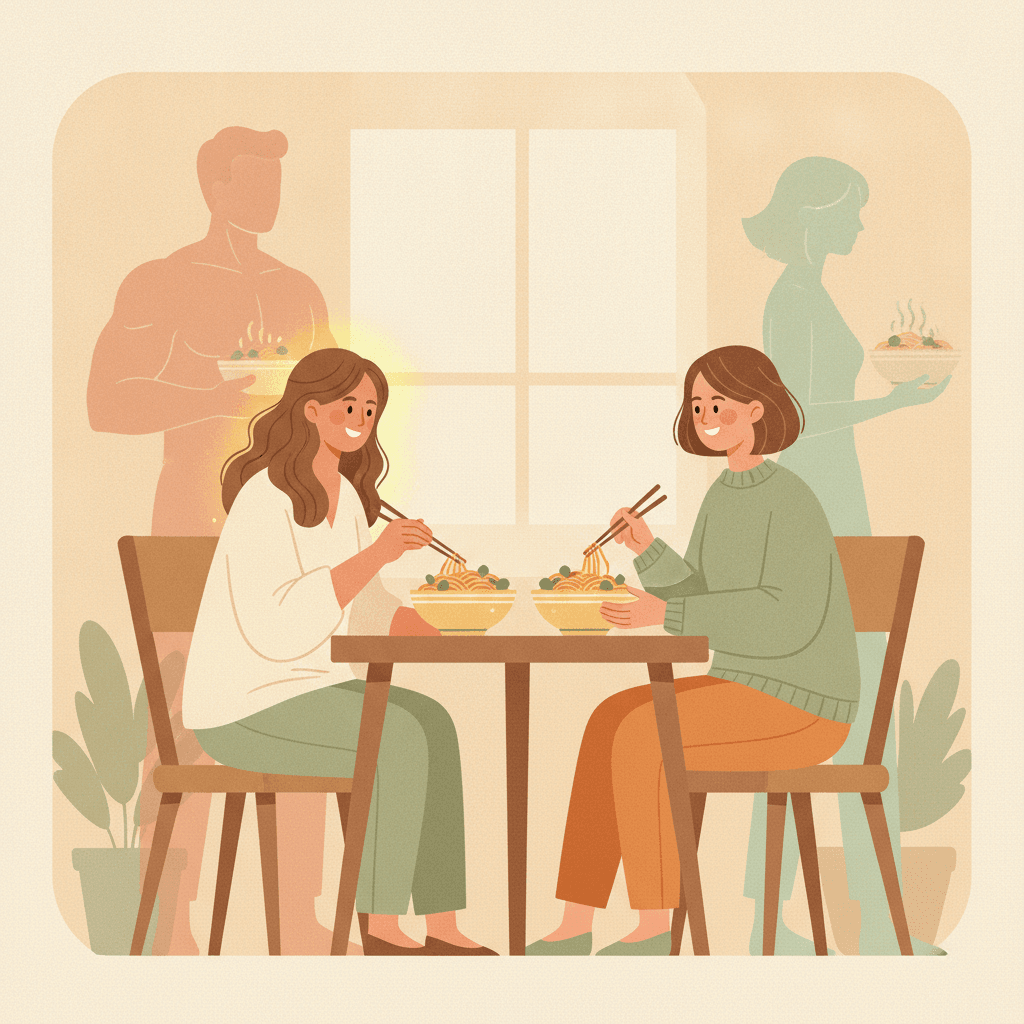 Duas amigas dividem o mesmo prato à mesa, e o reflexo atrás de cada uma aparece diferente, mostrando que a mesma comida age de um jeito em cada corpo.