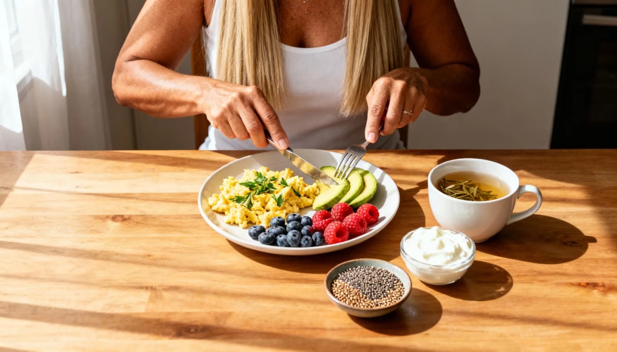 Café da manhã rico em proteína, com ovos, abacate, frutas e sementes
