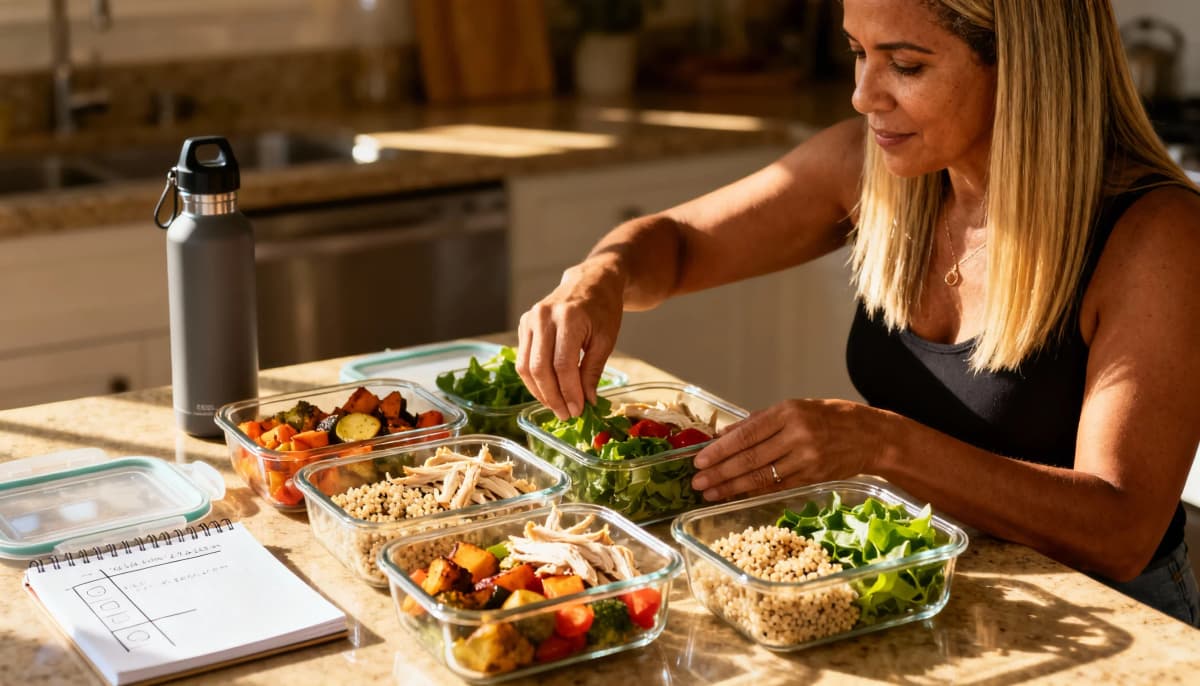 Marmitas organizadas com proteína, legumes e o plano da semana na bancada