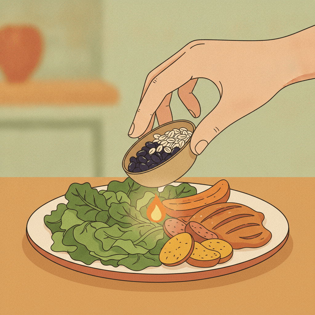 Uma mão colocando feijão e aveia num prato com salada e proteína, com uma luz de queima acendendo