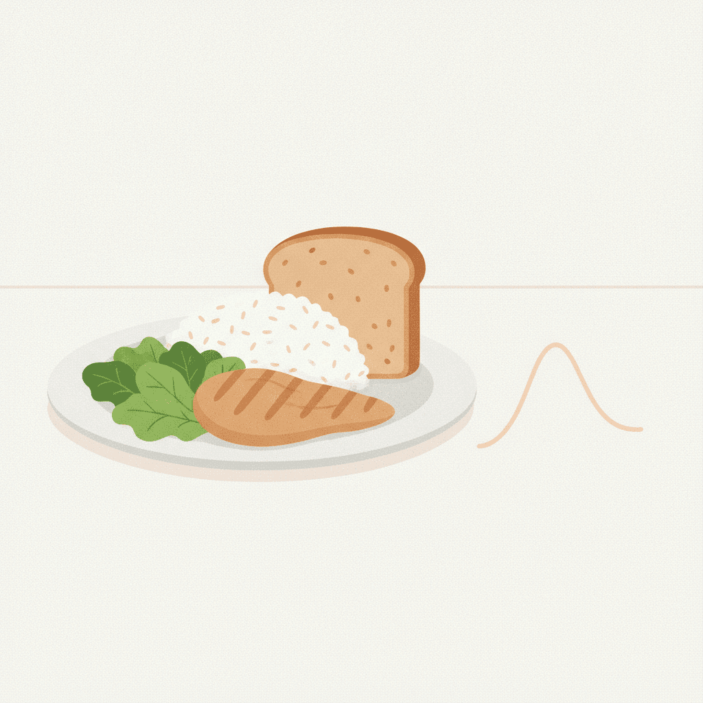 Um prato em fila com salada e proteína na frente e arroz no fim, com uma curva de açúcar baixa e suave ao lado