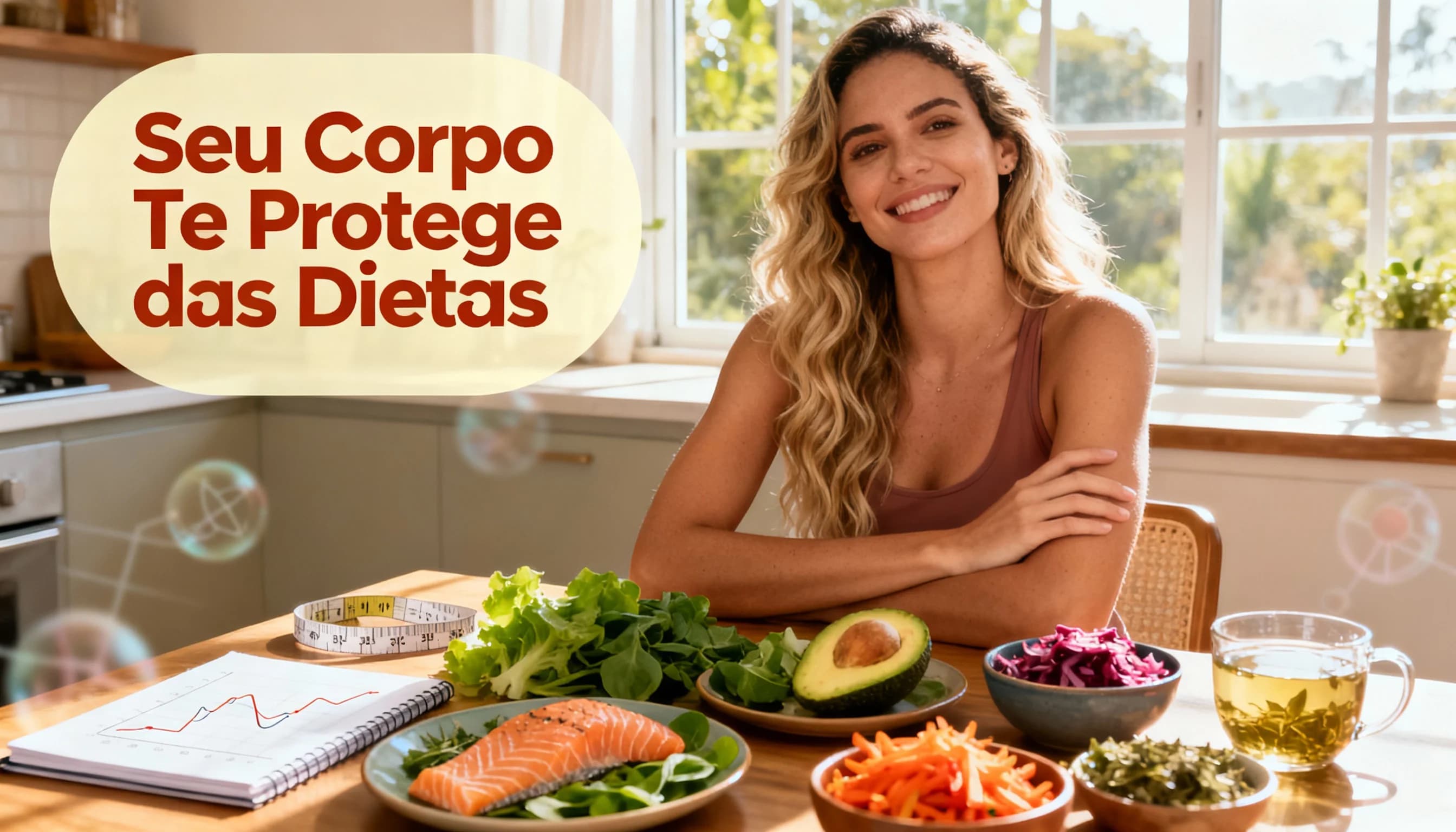 Mulher confiante cercada de comida de verdade