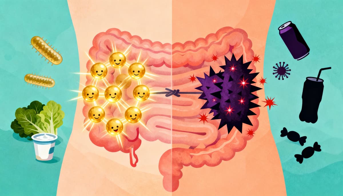 Ilustração mostrando bactérias boas e ruins disputando o território dentro do intestino