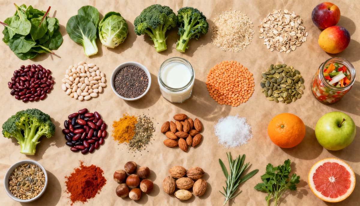 Colagem com ampla variedade de plantas coloridas, grãos e fermentados