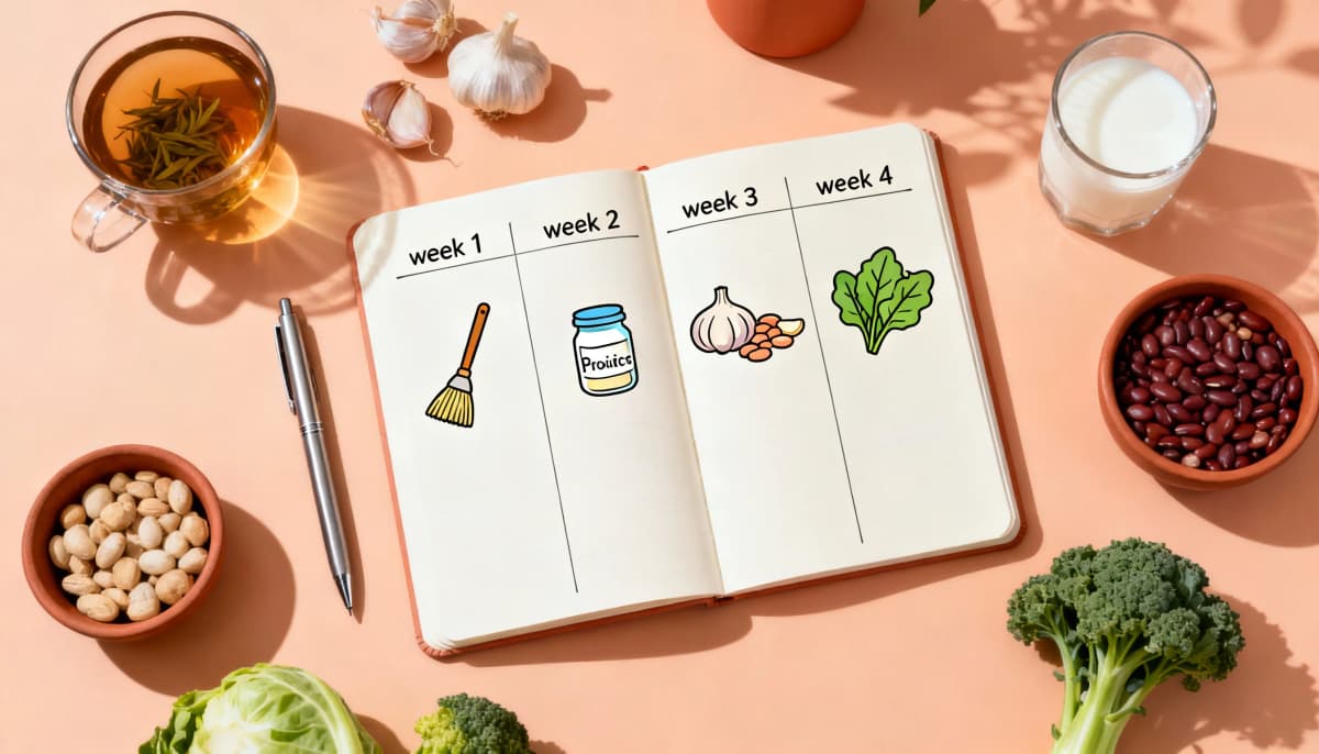 Planejamento semanal de comida real disposto em flat lay, com iogurte, feijão, vegetais e azeite