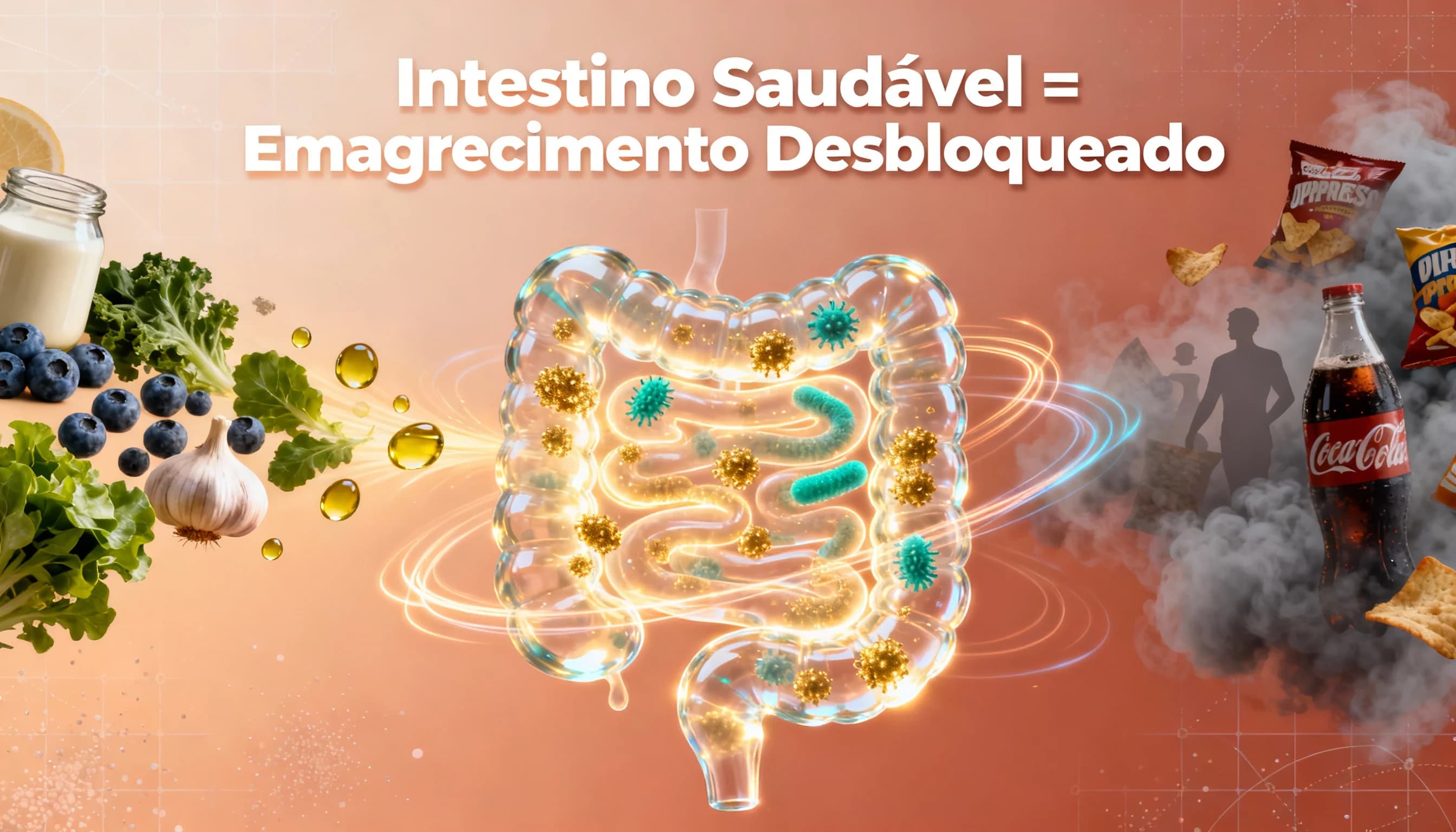 Ilustração de microbioma intestinal equilibrado trabalhando a favor do metabolismo