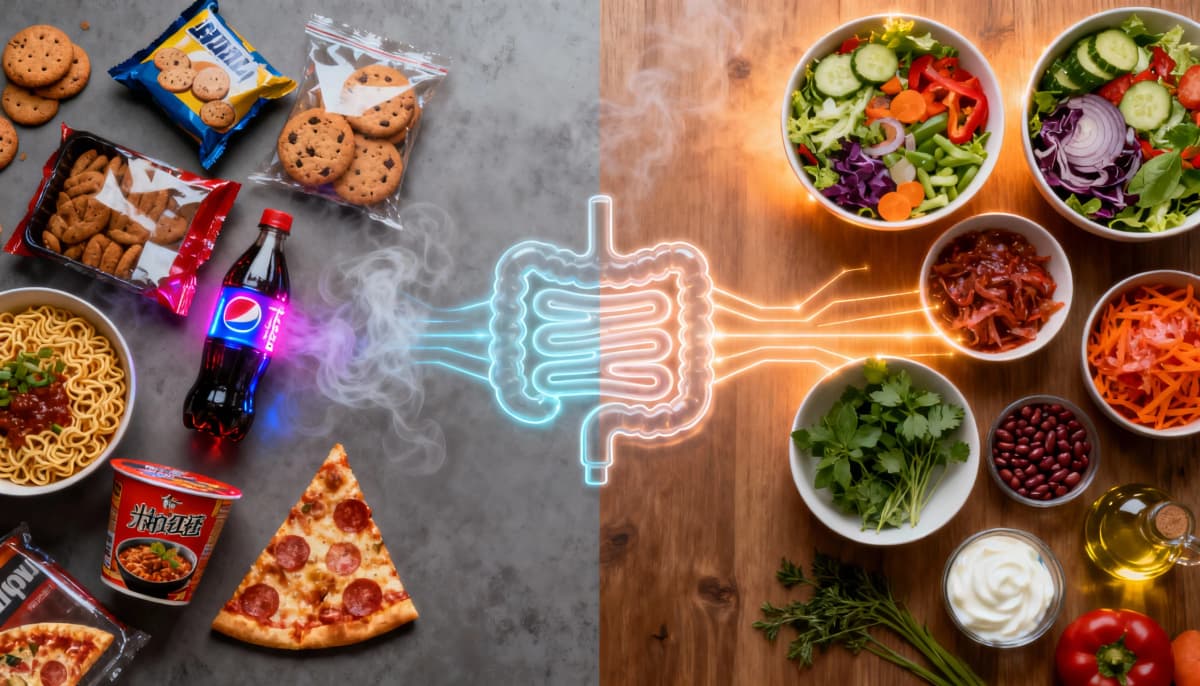 Mesa dividida entre ultraprocessados de um lado e comida de verdade do outro