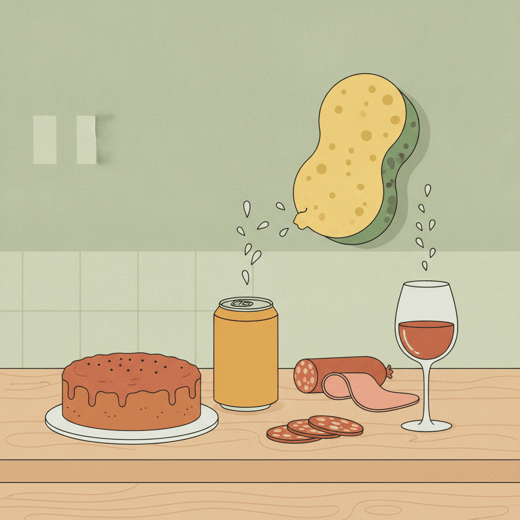 Bolo, refrigerante, embutidos e uma taça de vinho com gotas de água subindo em direção a uma esponja inchada.