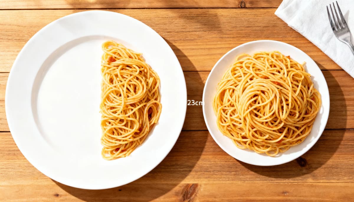 Vista de cima comparando um prato grande e um prato menor com a mesma quantidade de comida