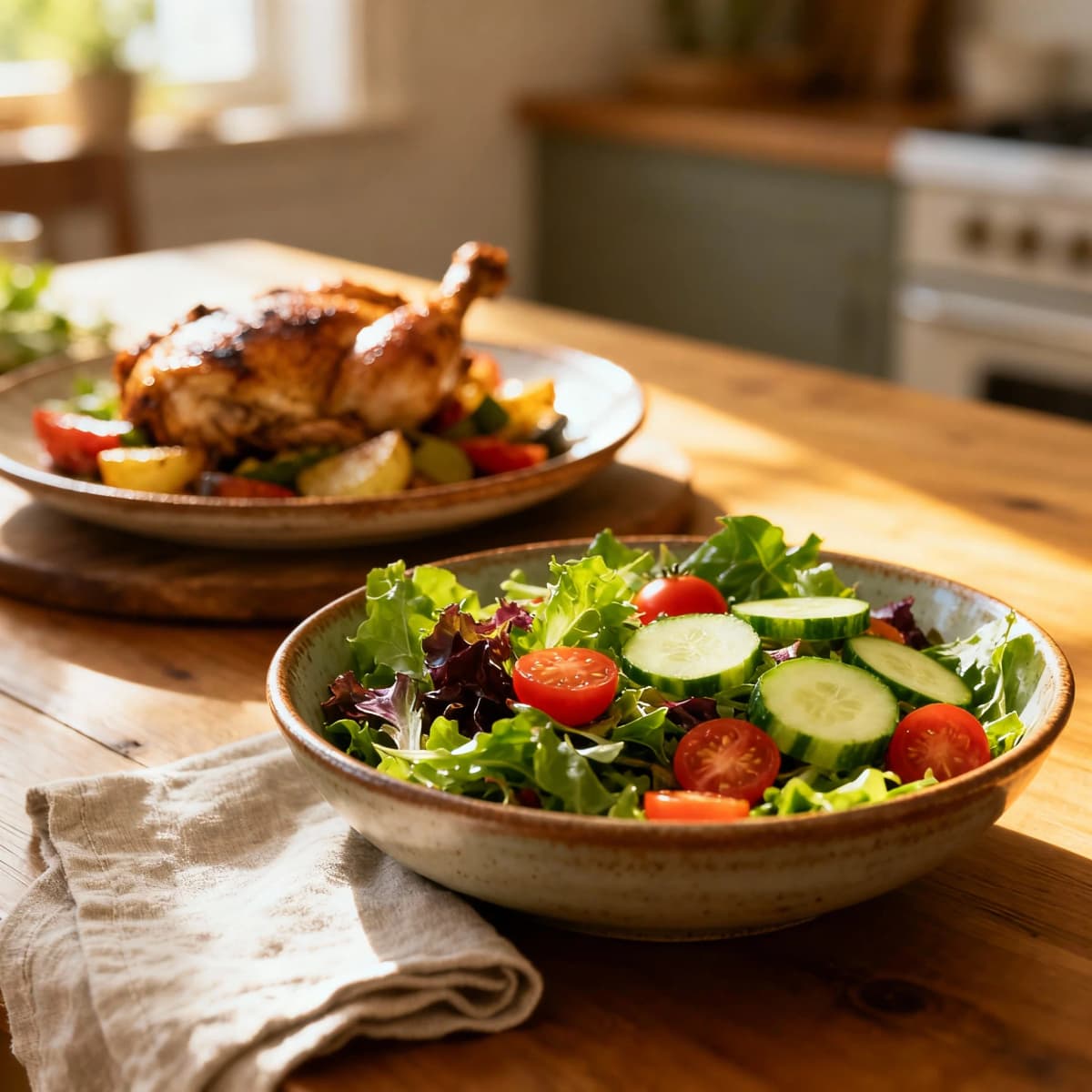 Salada em primeiro plano com o prato principal desfocado ao fundo
