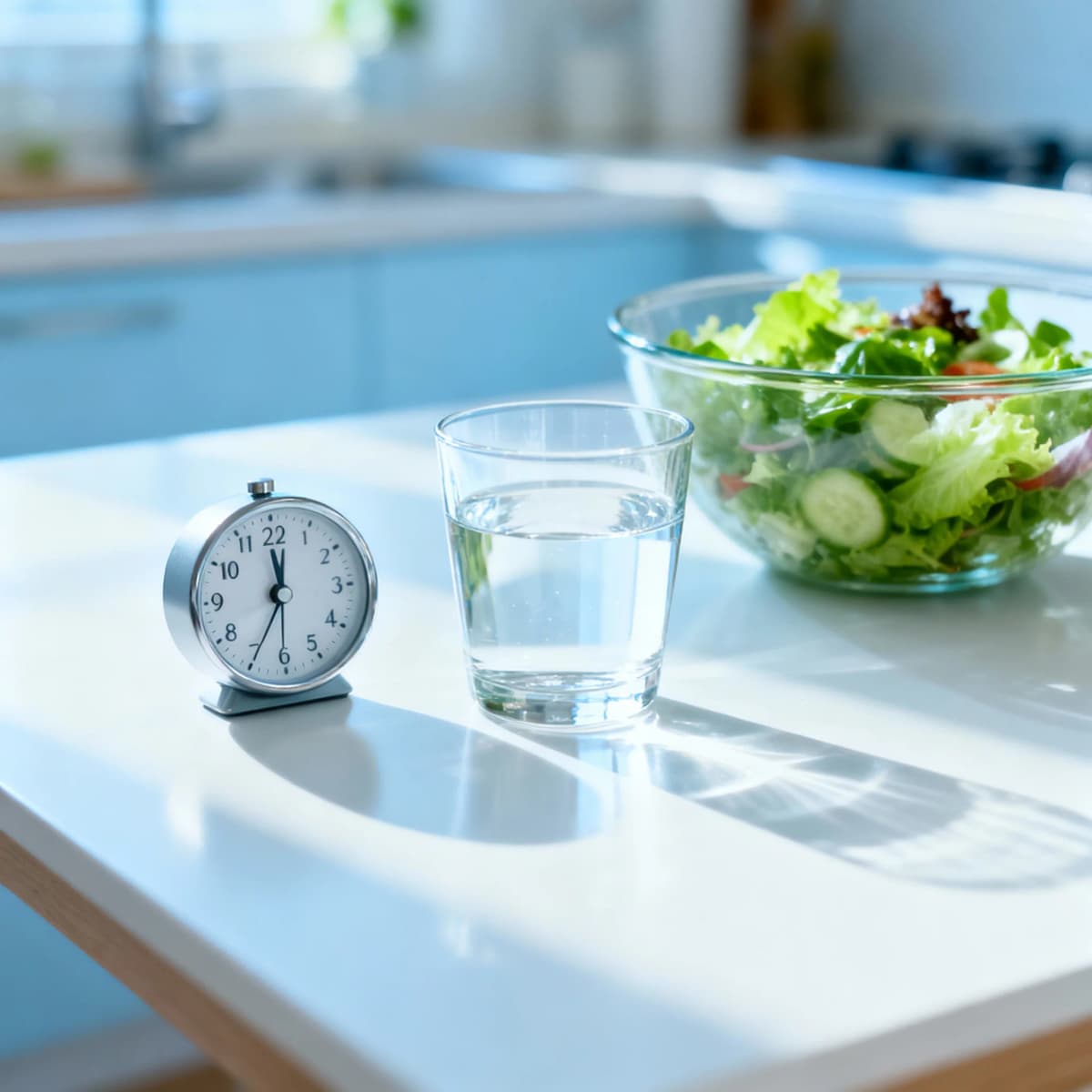 Copo de água ao lado de um relógio e uma salada, sugerindo a pausa antes da refeição