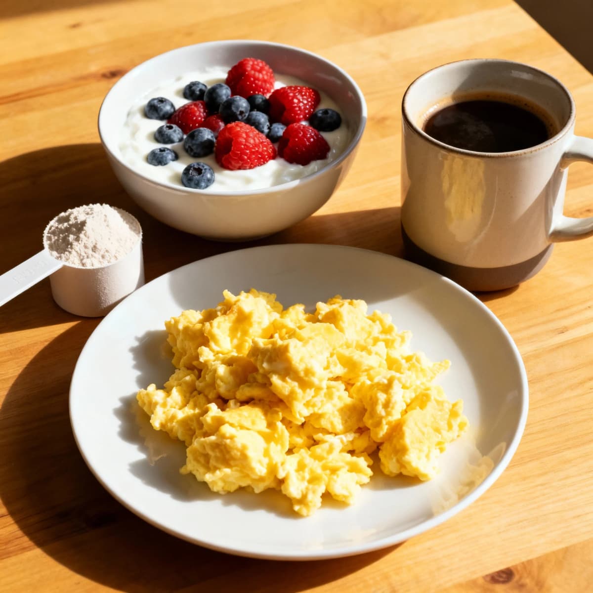 Café da manhã com ovos mexidos e iogurte com frutas, fonte de proteína matinal